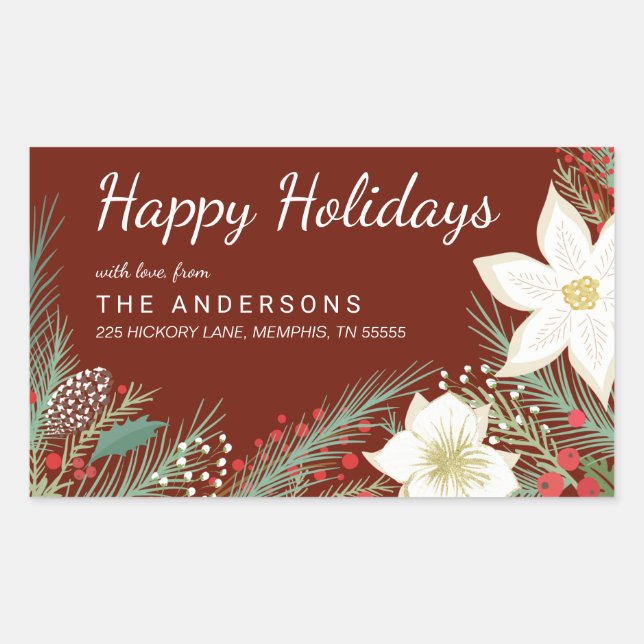Christmas Red Poinsettia Foliage Return Address Rectangular Sticker (Front)