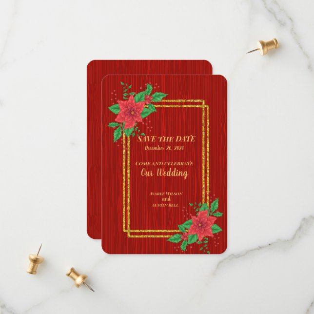 Christmas Red Poinsettia Gold Frame Wedding Save The Date (Front/Back In Situ)
