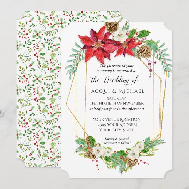 Christmas Red Poinsettia Gold Geometric Watercolor Invitation (Front/Back)