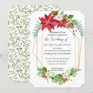 Christmas Red Poinsettia Gold Geometric Watercolor Invitation