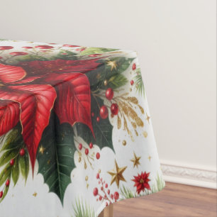 Christmas Red Poinsettia Gold Glitter Tablecloth