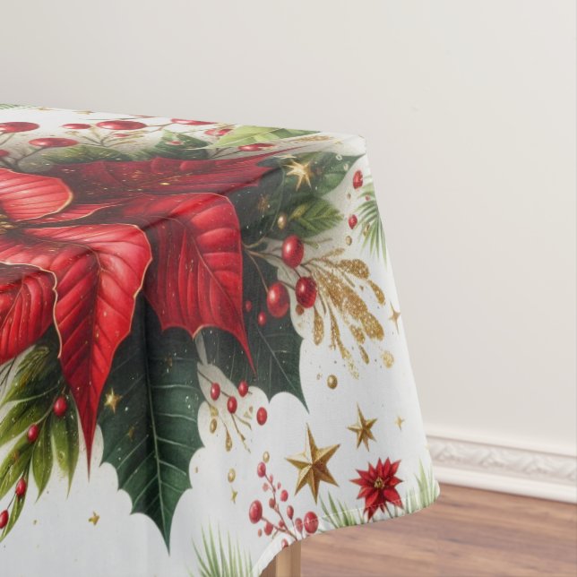 Christmas Red Poinsettia Gold Glitter Tablecloth (In Situ)