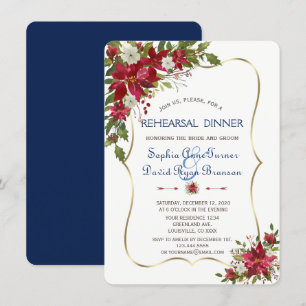 Christmas Red Poinsettia Gold Rehearsal Dinner Invitation