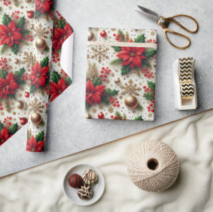 Christmas Red Poinsettia Gold Snowflake Glossy  Wrapping Paper
