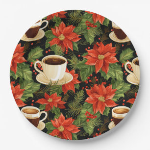Christmas Red Poinsettia Hot Chocolate Black Green Paper Plate