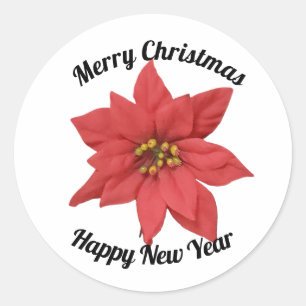 Christmas Red Poinsettia New Year Minimalist Classic Round Sticker