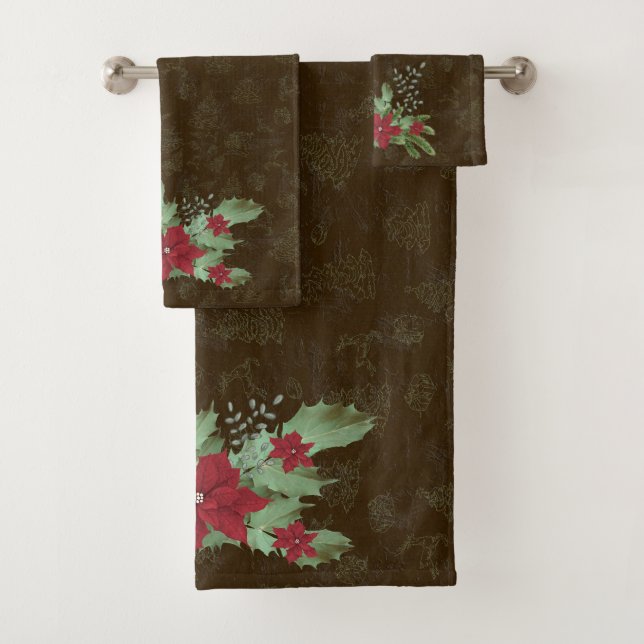 christmas red poinsettia on green branches   bath  bath towel set (Insitu)