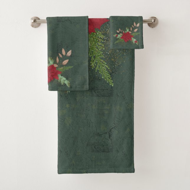 christmas red poinsettia on green branches Bath  Bath Towel Set (Insitu)