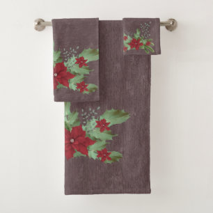 christmas red poinsettia on green branches   bath towel set