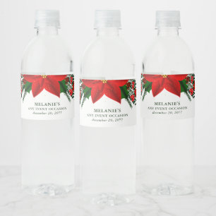 Christmas Red Poinsettia Pine Greenery Event Water Bottle Label