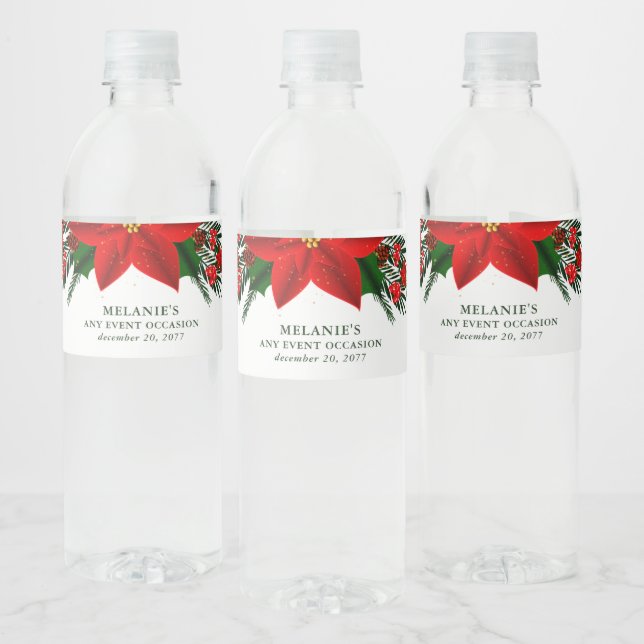 Christmas Red Poinsettia Pine Greenery Event Water Bottle Label (Bottles)