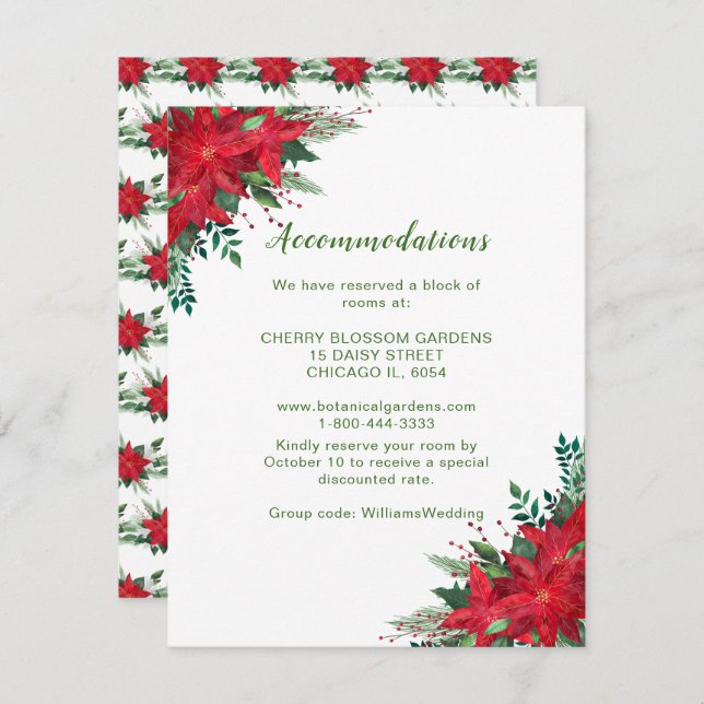 Christmas Red Poinsettia Wedding Accommodations Enclosure Card (Front/Back)