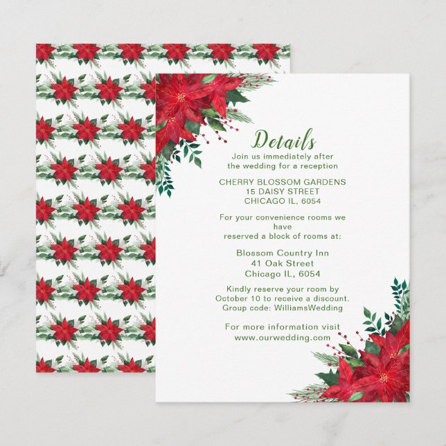 Christmas Red Poinsettia Wedding Details Enclosure Card (Front/Back)