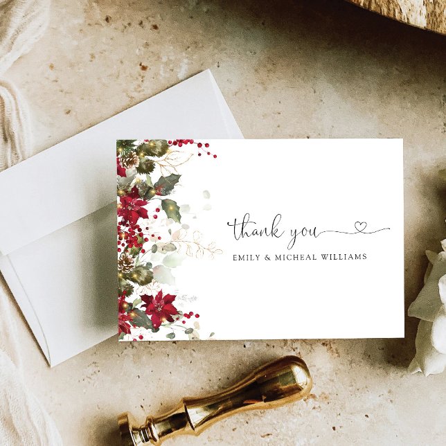 Christmas Red Poinsettia Wedding Flat  Thank You Card (Creator Uploaded)