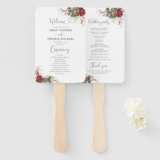 Christmas Red Poinsettia Wedding Program Hand Fan (Front and Back)