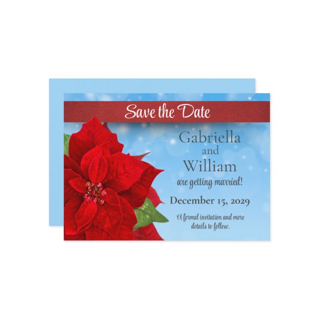 Christmas Red Poinsettia Wedding Save The Date (Front/Back In Situ)