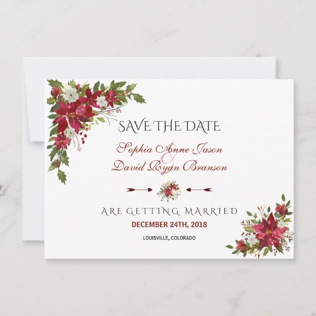 Christmas Red Poinsettia Wedding Save The Date (Front)