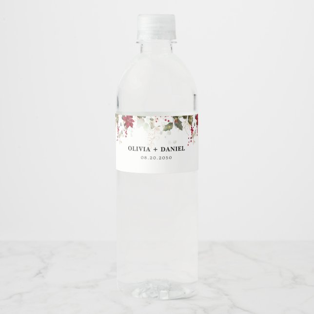 Christmas Red Poinsettia Wedding  Water Bottle Label (Front)