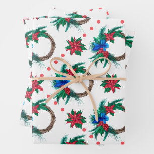 Christmas Red Poinsettia Wreath Wrapping Paper Sheet