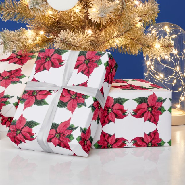Christmas Red Poinsettias Floral Holiday Pattern Wrapping Paper (Holidays)