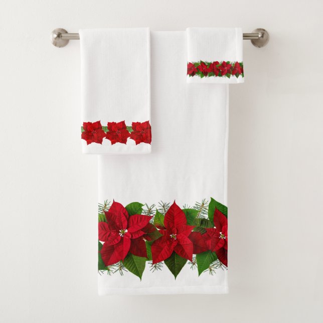 Christmas Red Poinsettias on Beautiful White  Bath Towel Set (Insitu)