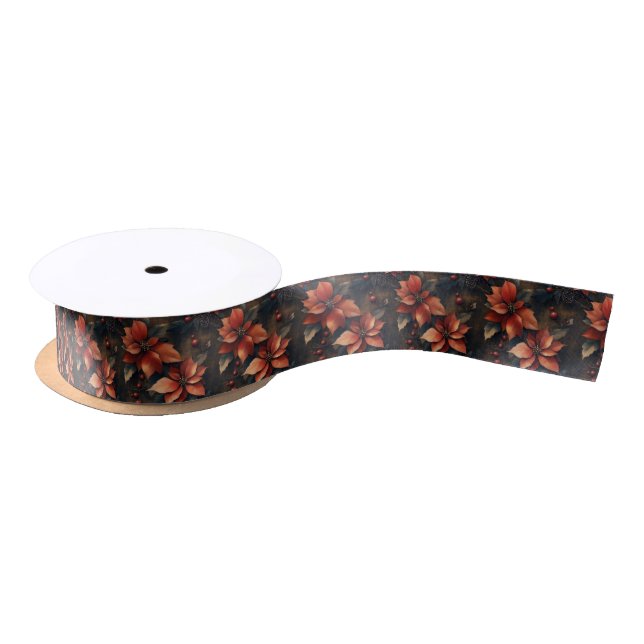 Christmas Red Poinsettias Satin Ribbon (Spool)