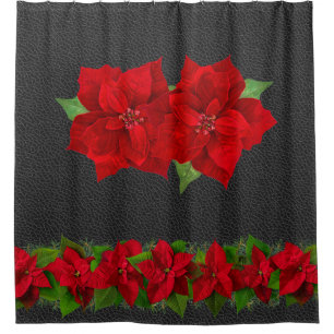 Christmas Red Poinsettias with Greenery on Black Shower Curtain