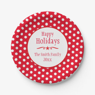Christmas red polka dot name holiday paper plate