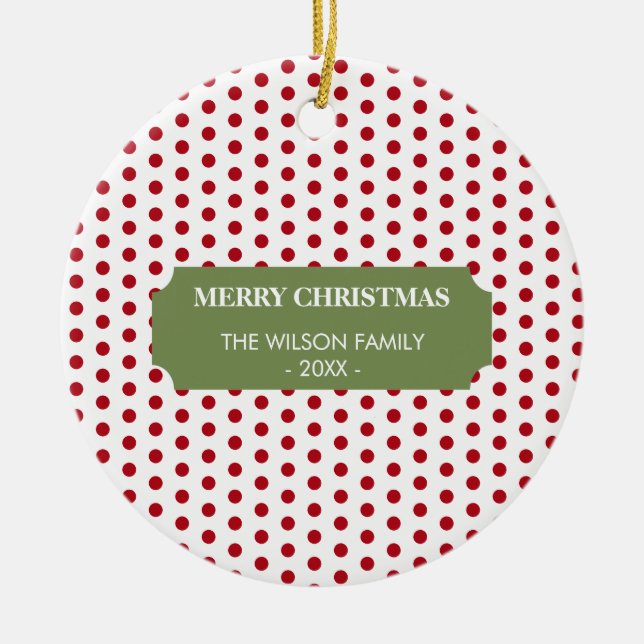 Christmas Red Polka Dots Family Name Year  Ceramic Tree Decoration (Front)
