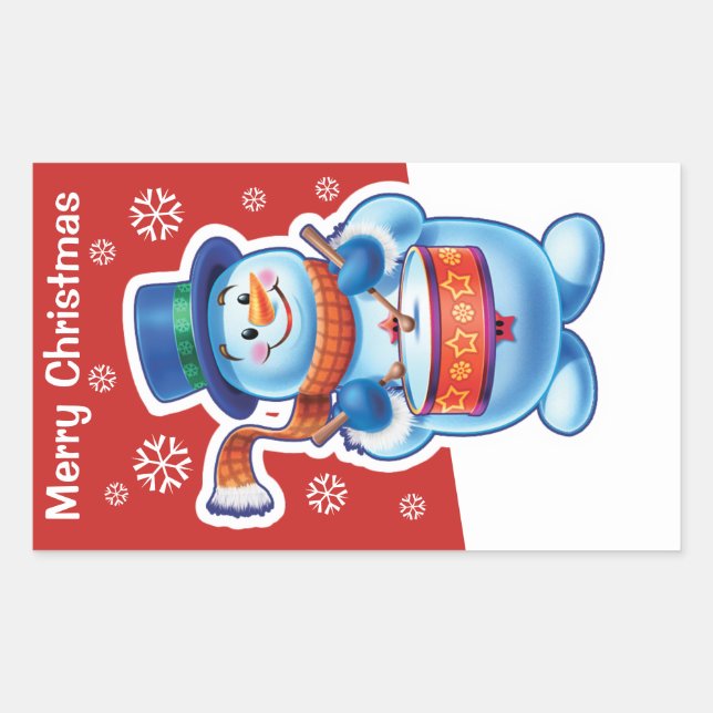 Christmas red rectangle sticker Snowman drummer. (Front)