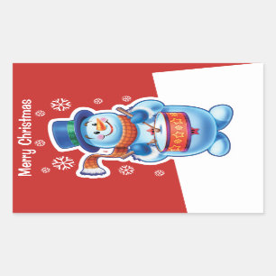 Christmas red rectangle sticker Snowman drummer.