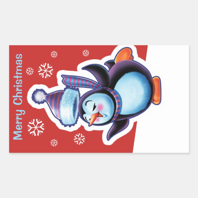Christmas red rectangular sticker Penguin skater. (Front)