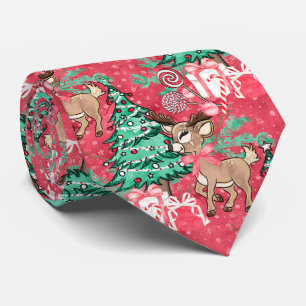 Christmas Red Reindeer and Christmas Tree Tie