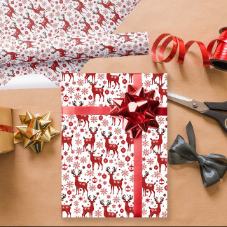 Christmas Red Reindeer Snowflake Ornament Wrapping Paper