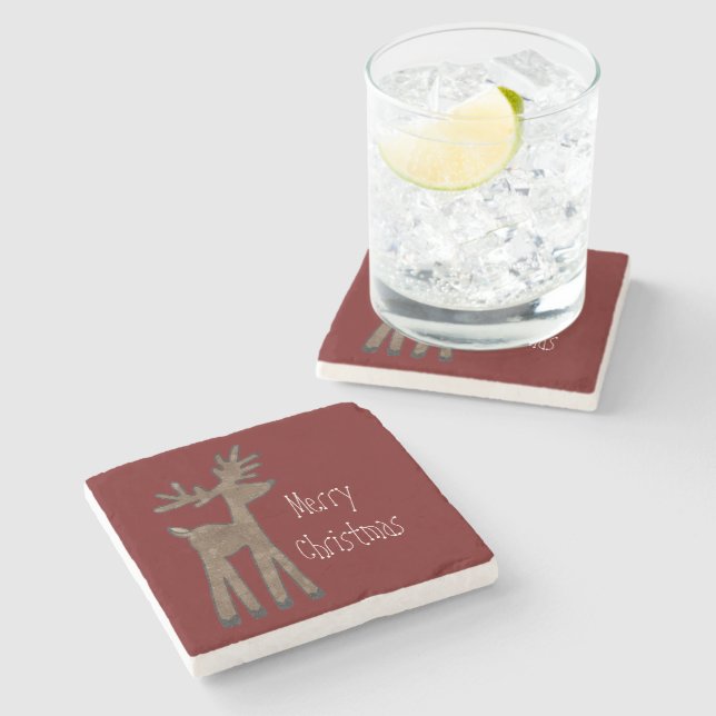 Christmas Red Reindeer Stone Coaster (Side)