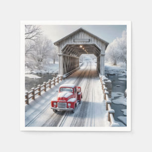 Christmas Red Retro Truck and Covered Bridge Napkin