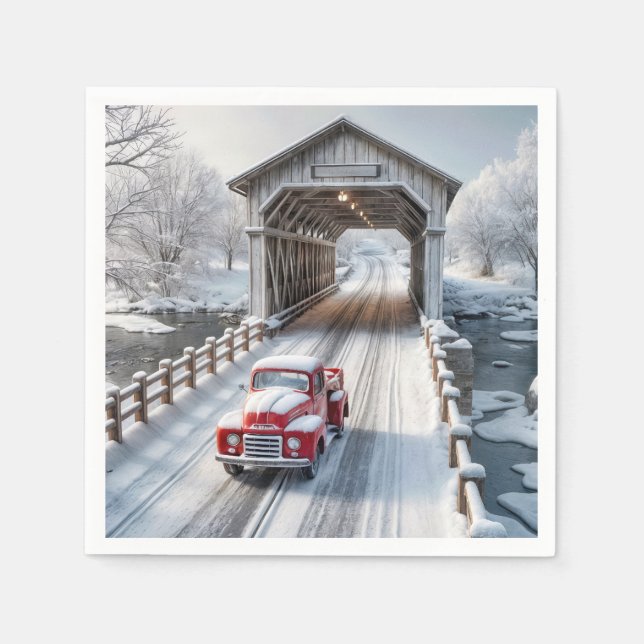 Christmas Red Retro Truck and Covered Bridge Napkin (Front)
