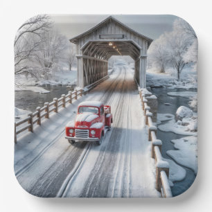 Christmas Red Retro Truck and Covered Bridge Paper Plate
