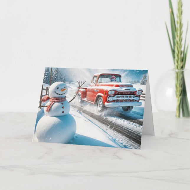 Christmas Red Retro Truck With Snowman Holiday Card (Front)