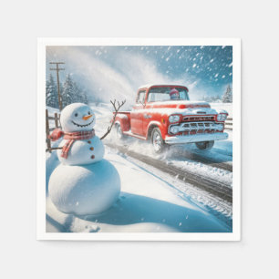 Christmas Red Retro Truck With Snowman Napkin
