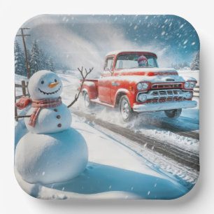 Christmas Red Retro Truck With Snowman Paper Plate