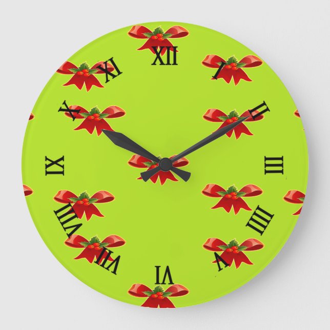 Christmas red ribbon on bright green large clock (Front)