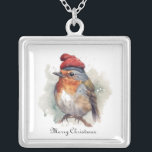 Christmas Red Robin, customisable Silver Plated Necklace<br><div class="desc">watercolor painting of a red robin on a branch with a red winter hat in christmas style</div>