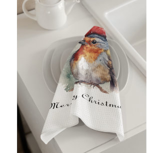 Christmas Red Robin, customisable Tea Towel