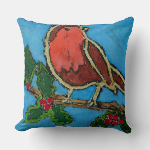 Christmas Red Robin, Green Holly Red Berries Cushion