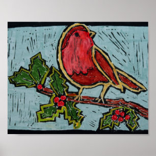 Christmas Red Robin, Green Holly Red Berries Poster