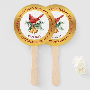 Christmas Red Robin ornament gold and white Hand Fan