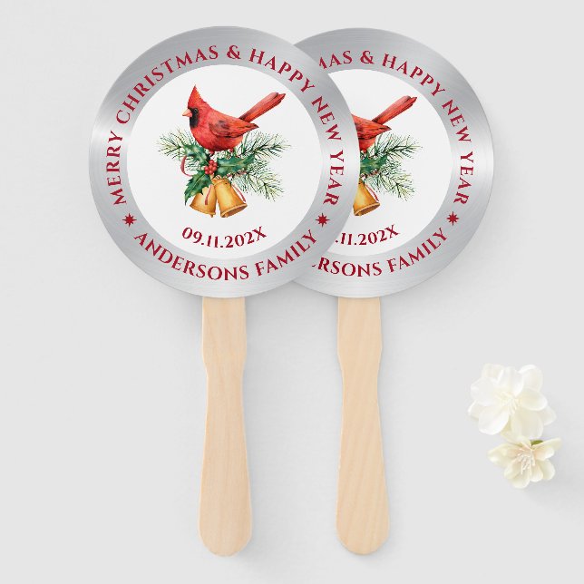 Christmas Red Robin ornament silver and white Hand Fan (Front and Back)