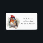 Christmas Red Robin Return Address Label<br><div class="desc">watercolor painting of a red robin on a branch with a red winter hat in christmas style</div>