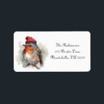 Christmas Red Robin Return Address Label<br><div class="desc">watercolor painting of a red robin on a branch with a red winter hat in christmas style</div>